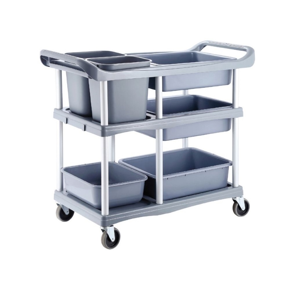 GX-032E-G.jpg KARAMCO - THREE LEVEL UTILITY CART WITH 4 BASINS AND 2 BUCKETS 104 x 46 x 91 CM GREY - Image 1
