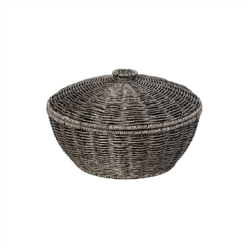 KOD242.jpg ESPIEL - SYNTHETIC RATTAN ROUND BASKET WITH LID GREY 28 x 18 CM - Image 1