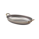 GTSA - OVAL PLATTER VINTAGE MATT SILVER WITH BRONZE HANDLES 34 x 23 x 4 CM