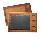 VENI224116.jpg IROKO WOOD PLATTER 49 x 29 CM WITH 3 HOLES FOR RAMEKIN 3 OZ AND SLATE 35 x 23 CM - Image 1