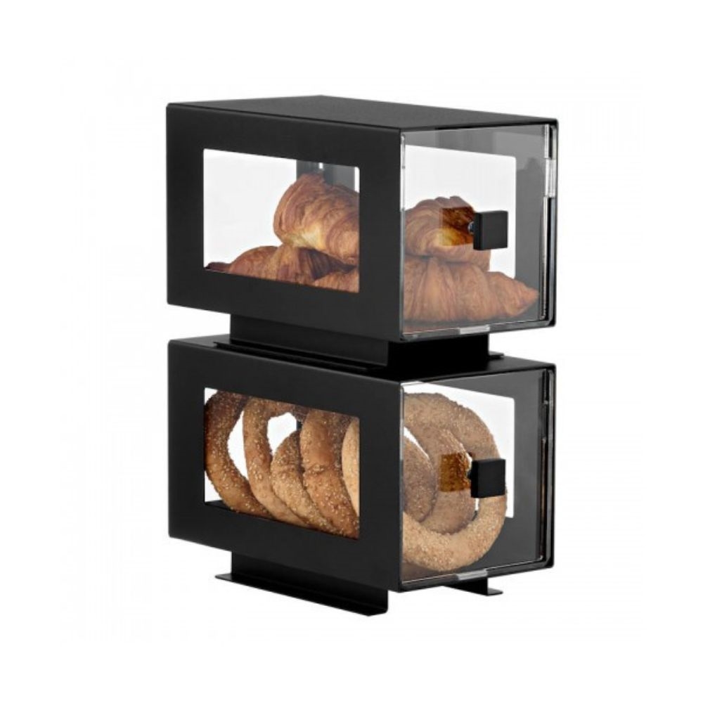 AMC05-2P-BK.jpg GB - ATRAX BREAD DISPLAY DOUBLE WITH BLACK MATT STEEL CASE AND ACRYLIC DRAWER STACKABLE - Image 1