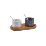GENWARE - MARBLE SALT  PEPPER POT SET 7 x 5.6 CM WITH WOODEN BASE 20 x 10 x 1.6 CM