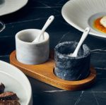 GENWARE - MARBLE SALT  PEPPER POT SET 7 x 5.6 CM WITH WOODEN BASE 20 x 10 x 1.6 CM - Image 2