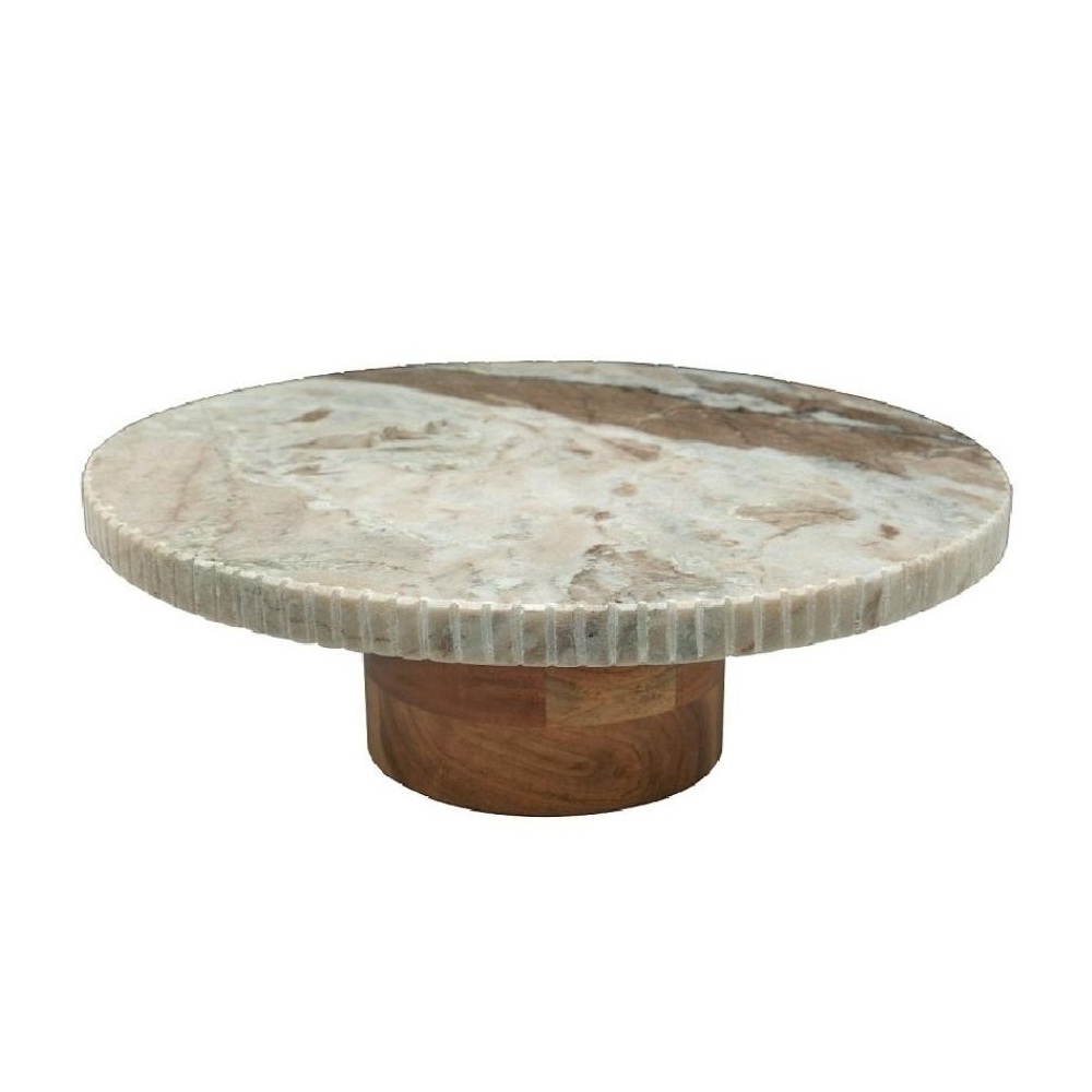 MEB107.jpg ESPIEL - MARBLE FOOTED PLATE BEIGE WITH ACACIA WOOD STAND 36 x 11.5 CM - Image 1