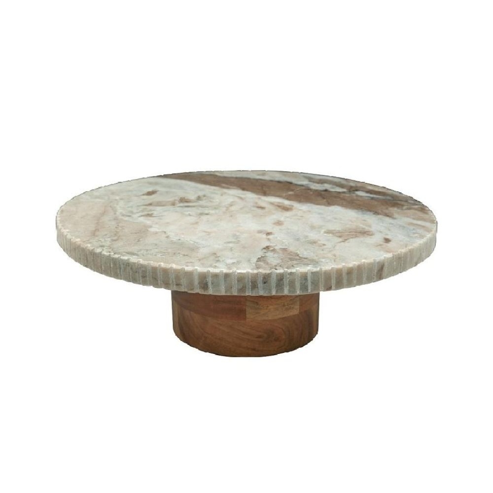 MEB108.jpg ESPIEL - MARBLE FOOTED PLATE BEIGE WITH ACACIA WOOD STAND 30 x 9 CM - Image 1