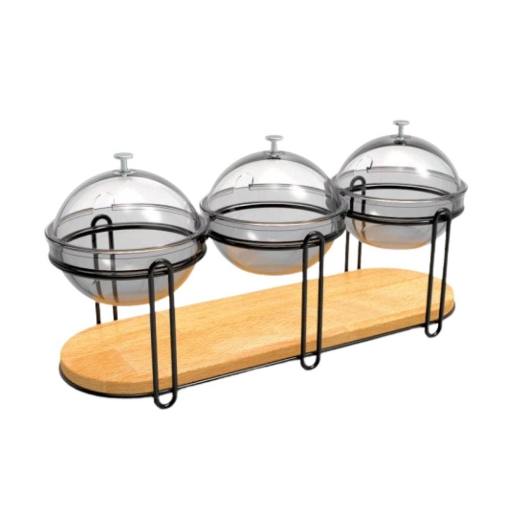USR05-3P14-10.jpg GB - SQUILLO BLACK STEEL BUFFET STAND-WOOD BOARD WITH 3 GLASS BOWLS AND ACRYLIC COVERS 14 CM - Image 1