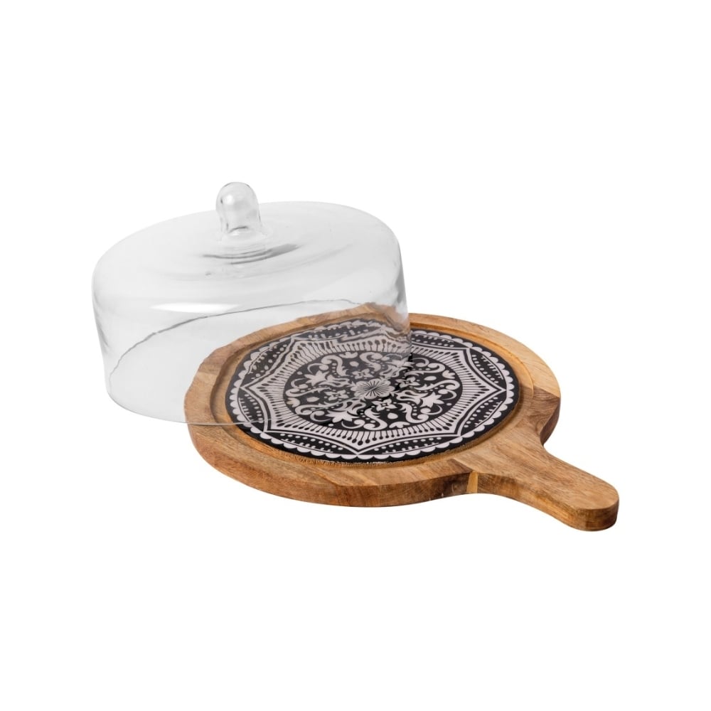 Gtsa Morocco Black Prestige Round Wooden Serving Paddle With Handle And Glass Lid 36 X 27 X 17 Cm