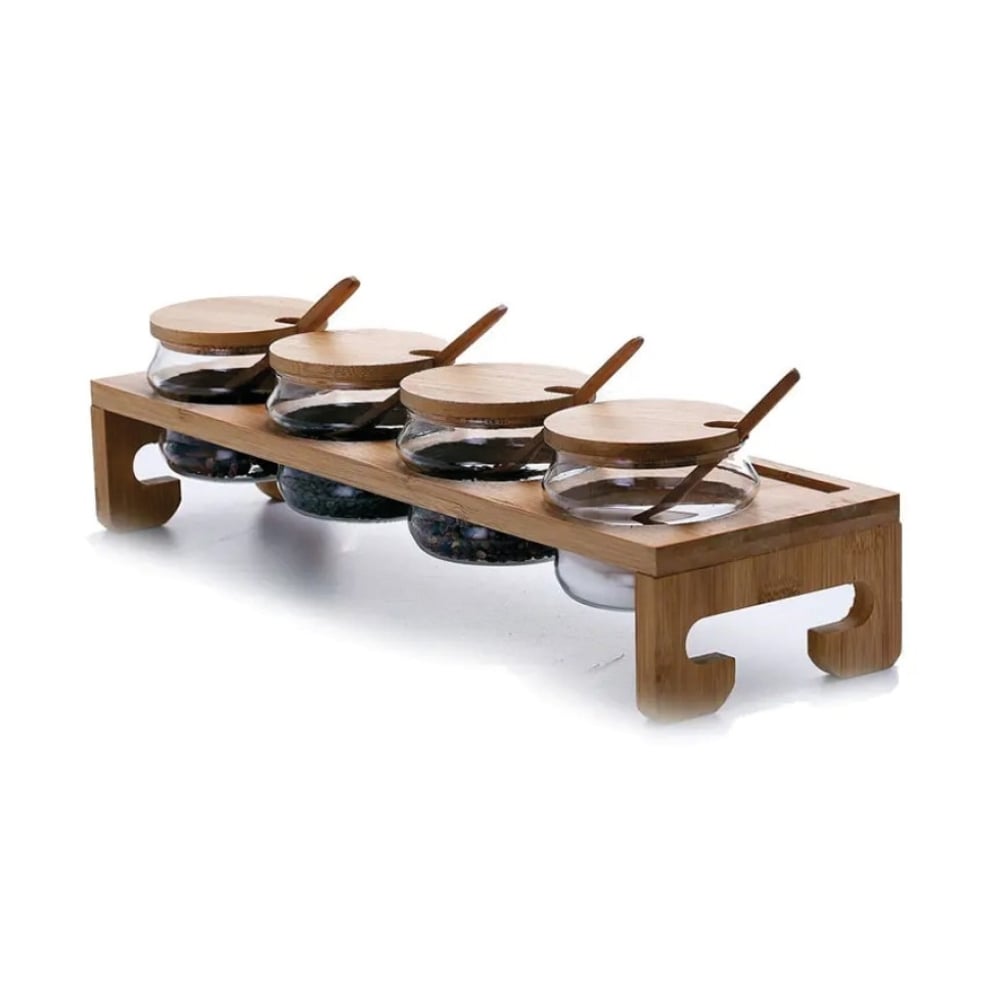 Gtsa Bamboo Wooden Stand 4-SEATER With Borosilicate Jars 8.8 X 6.1 Cm And Serving Spoons 40 X 7 Cm