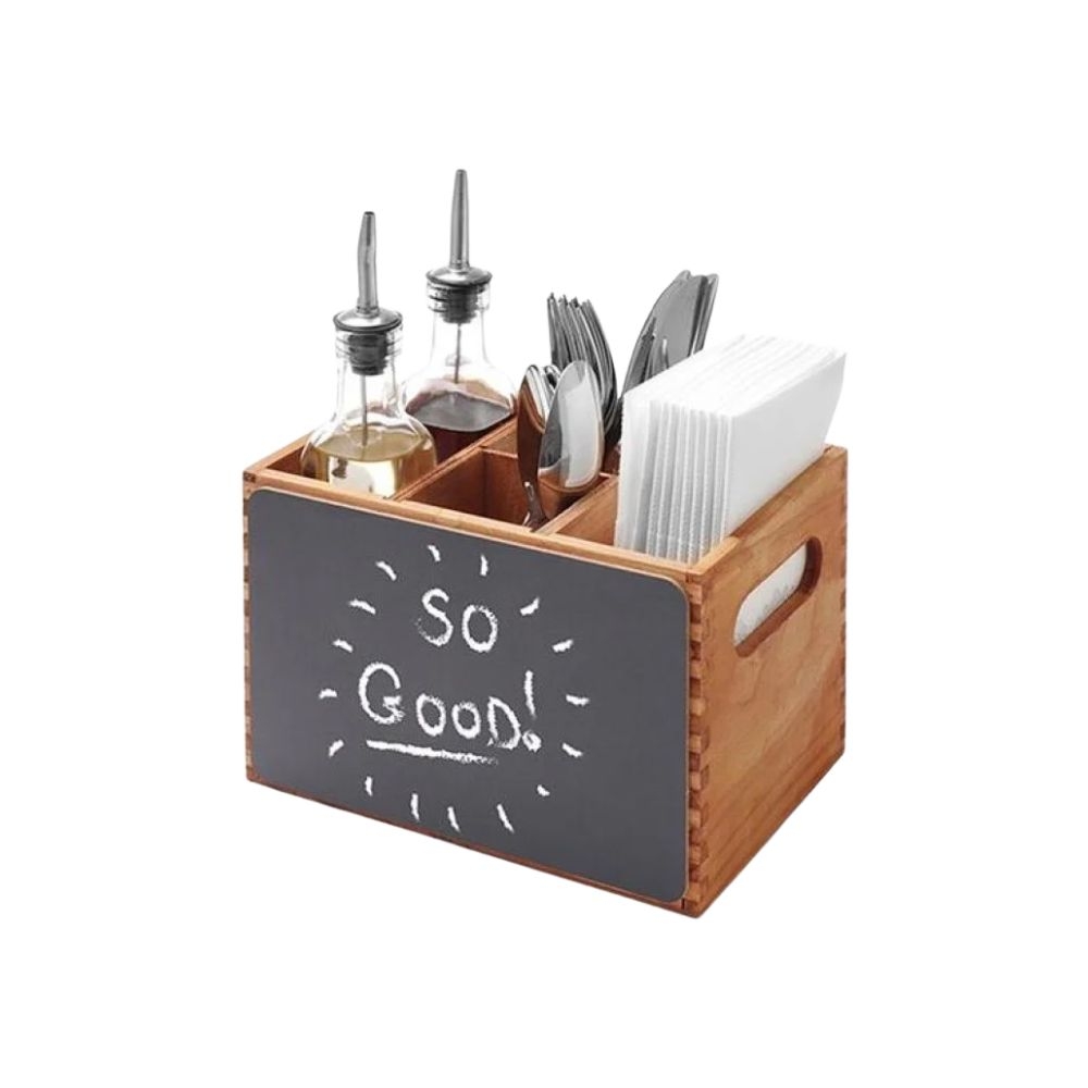 19-566.jpg GTSA - WOODEN CUTLERY HOLDER 4 COMPARTMENTS AND BLACKBOARD 21 x 15 x 15 CM - Image 1